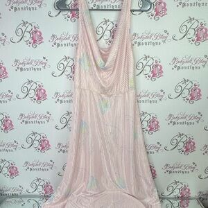 Dress vintage silky satiny shiny baby pink floral white blue yellow antique